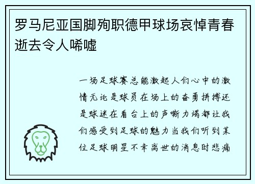 罗马尼亚国脚殉职德甲球场哀悼青春逝去令人唏嘘